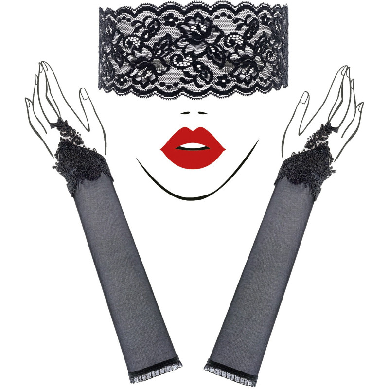 Mitaines 43cm en dentelle et masque noir Sensual