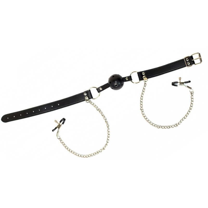 Bâillon boule respirante chaîne et pince tétons