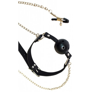Bâillon boule respirante chaîne et pince tétons
