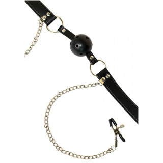 Bâillon boule respirante chaîne et pince tétons