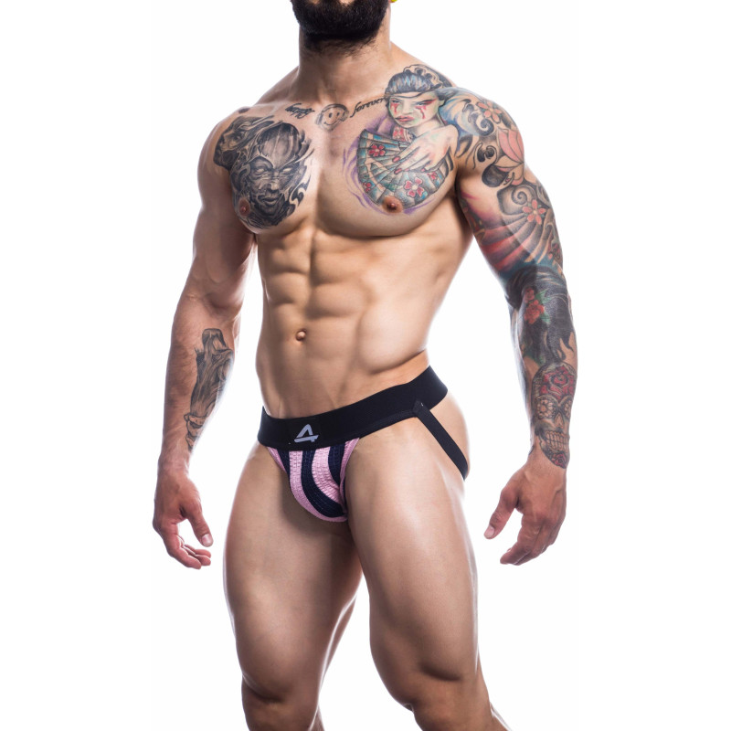 C4M Jockstrap Stripe rose L de devant porté