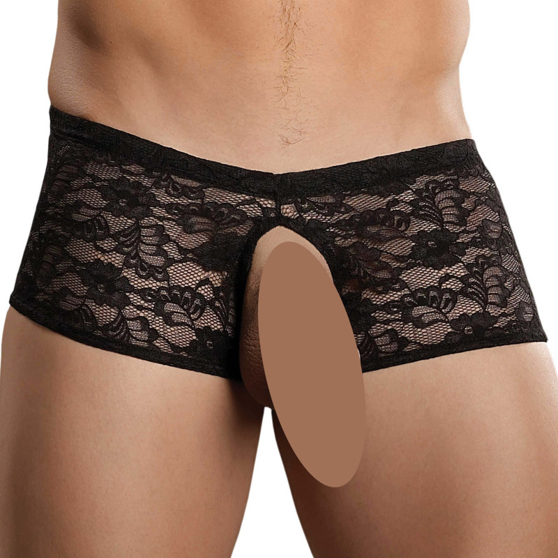 Boxer Bottomless en dentelle Crotchless noir S-M