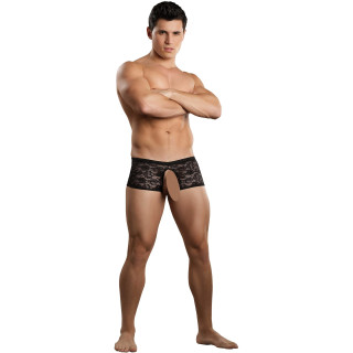 Boxer Bottomless en dentelle Crotchless noir S-M ouvert devant
