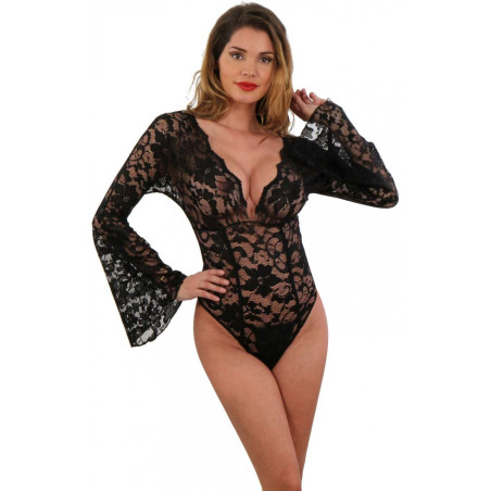Body dentelle noire manches longues évasées S-M