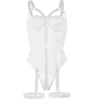 Teddy blanc avec jarretière et dentelle poitrine S-M non portée vue avant