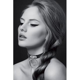 Collier noir ras de cou double anneau argenté