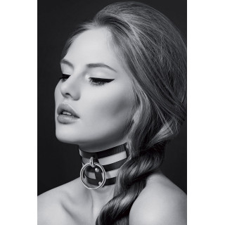 Collier noir triple ras de cou anneau argenté