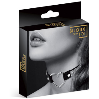 Collier noir strass ras de cou cadenas cœur argenté packaging
