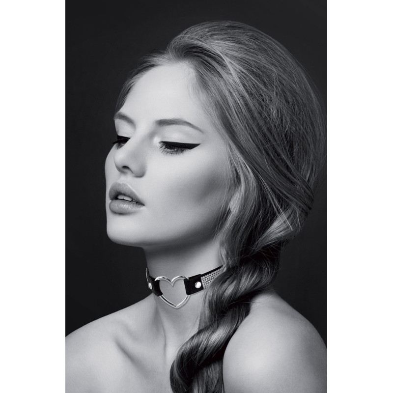 Collier noir strass ras de cou cadenas cœur argenté