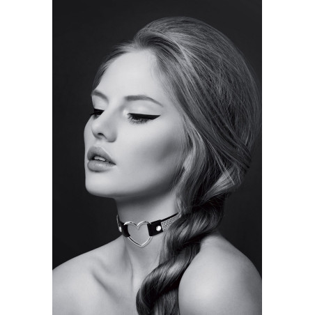 Collier noir strass ras de cou cadenas cœur argenté