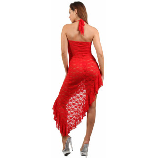 Robe longue asymétrique dentelle rouge L-XL de derrière