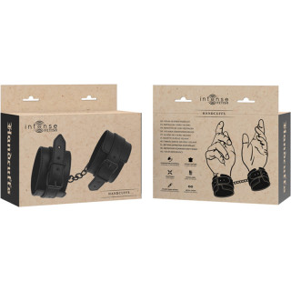 Menottes en cuir végétalien noir packaging