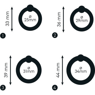 Lot de 4 anneaux à pression en silicone Ø25, Ø29, Ø31 et Ø34mm noir caractéristiques