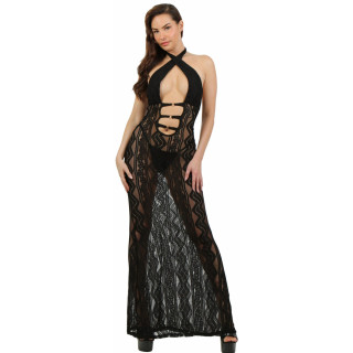 Robe longue en dentelle noire large décolleté S-M vue de profil