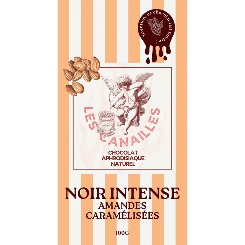 Tablette de chocolat aphrodisiaque noir intense amandes caramélisées 100g