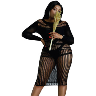 Robe midi résille noire manches longues XL-XXL