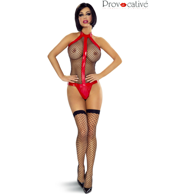 Ensemble body et bas résille noire et vinyle rouge L-XL