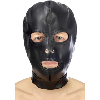 Cagoule simili cuir sangle et lacet ouvert bouche yeux