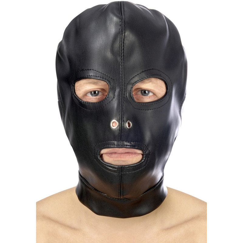 Cagoule simili cuir sangle et lacet ouvert bouche yeux