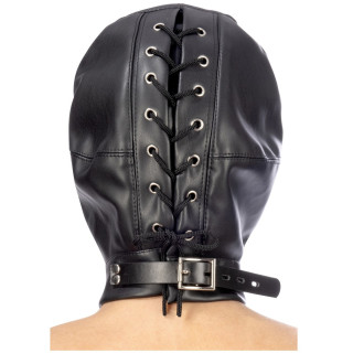 Cagoule simili cuir sangle et lacet ouvert bouche yeux réglable et solide