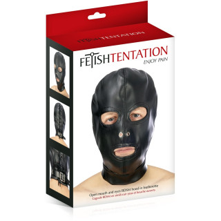 Cagoule simili cuir sangle et lacet ouvert bouche yeux packaging